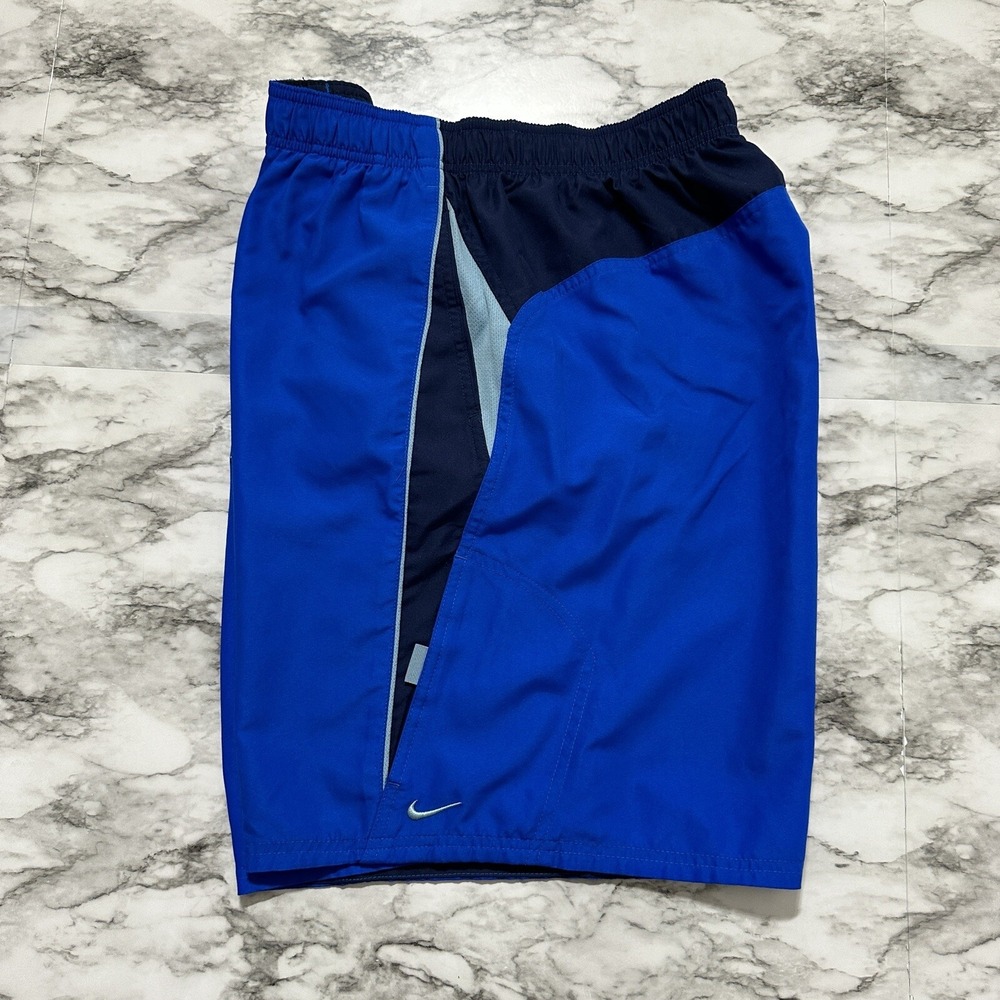 Nike Men's Swim Trunks Suit Board Shorts XL Slim Waist Blue Black Lined Pocket
